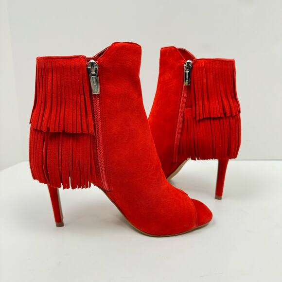 NEW Vince Camuto Amenala Bright Red Faux Suede Western Fringe Peep Toe Bootie - Picture 8 of 14